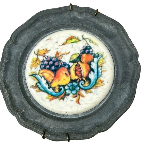 Vintage Pewter Coasters Ceramic Fruit Design Inserts Wall Decor Set of 6 READ - Picture 7 of 13